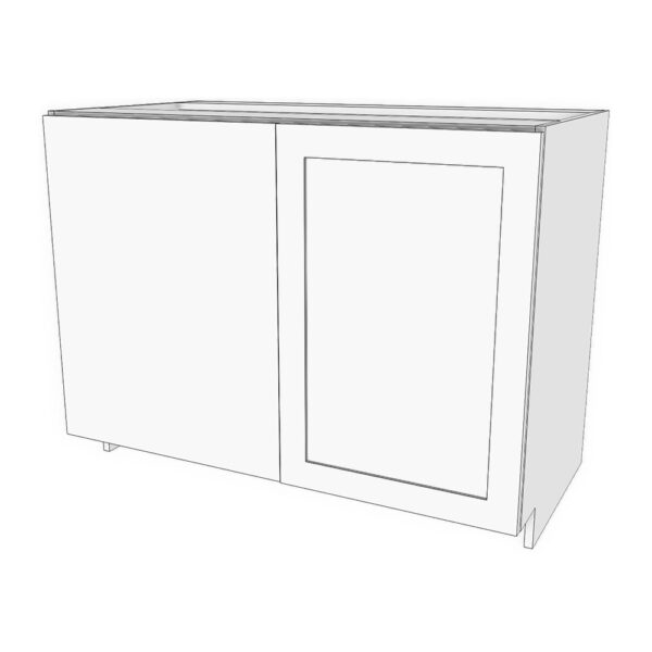 Base corner blind left cabinet. 36" to 45" wide 23 5/8" deep, 34 3/4" high. Door on right with 24" blind panel on right. Designed to install 3" away from wall corner. Modifying cabinet width modifies door width. Panel size will stay the same.. 1 adjustable shelf.