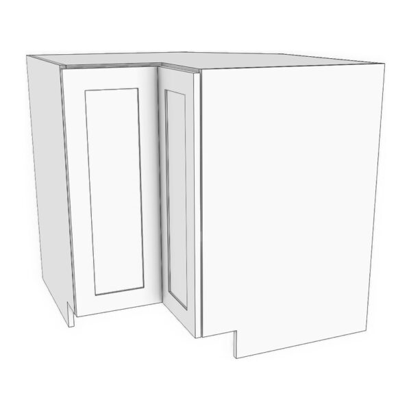 Base corner cabinet with bi-fold door. 36" wide with 23 5/8" sides, 34 3/4" high. Super Susan turntables attached to fixed bottom shelf and middle adjustable shelf.