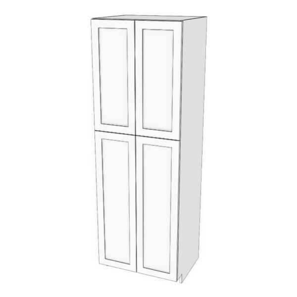 Tall cabinet with four doors: 21 1/2" to 36" wide, 84" high, 23 5/8" deep. Designed to install beside wall cabinets: Top door height matches door height of wall cabinets. Fixed shelf where doors meet. 6 adjustable shelves.