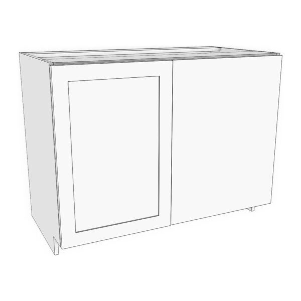 Base corner blind right cabinet. 36" to 45" wide 23 5/8" deep, 34 3/4" high. Door on right with 24" blind panel on left. Designed to install 3" away from wall corner. Modifying cabinet width modifies door width. Panel size will stay the same. 1 adjustable shelf.